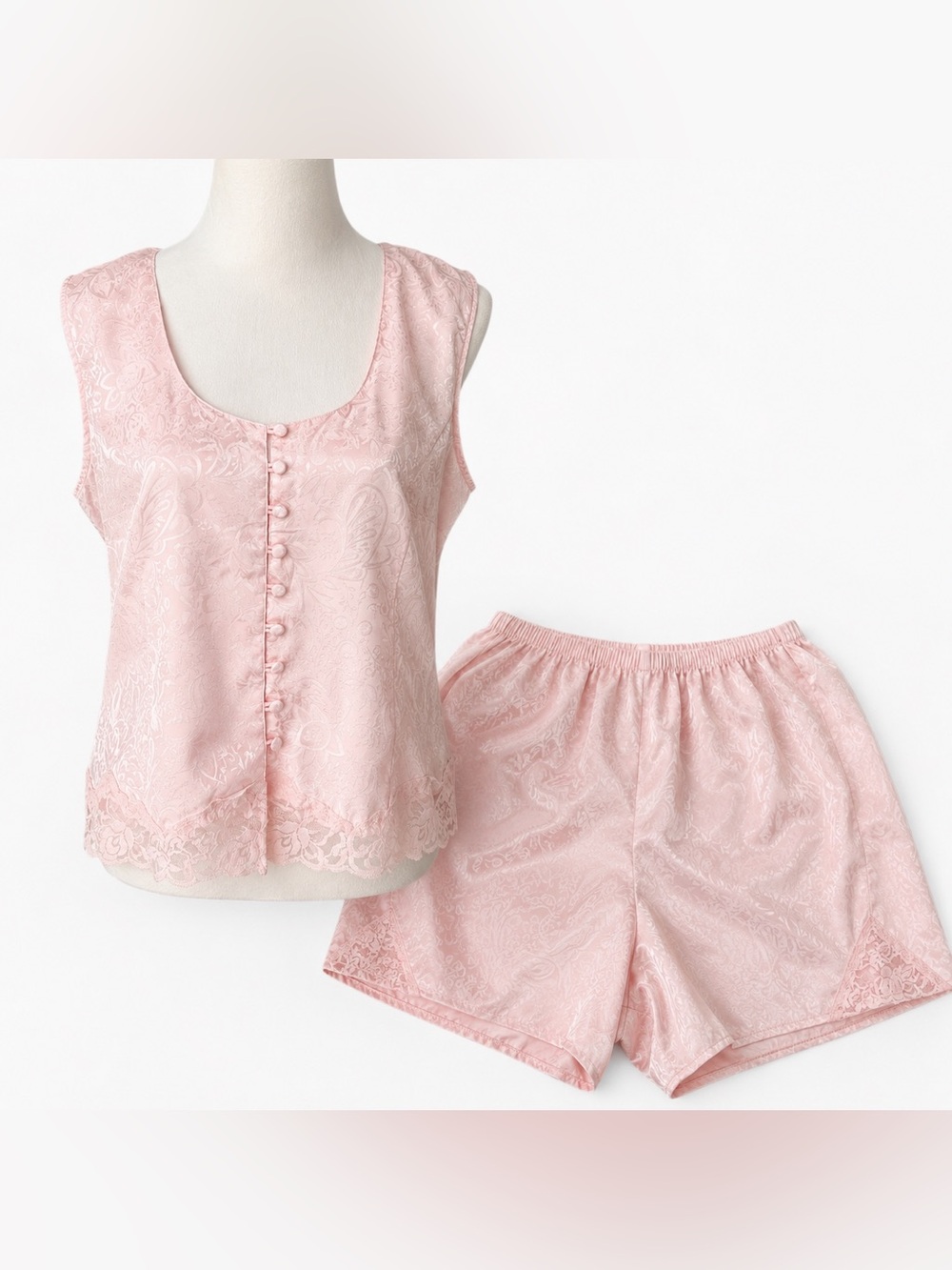 Vintage 80s INNER MOST Pink Lingerie Set Cami Shorts Lace Satin Coquette L